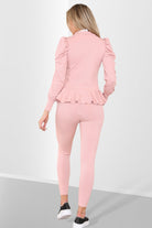 Puff Sleeves Set Frill Hem Peplum Ribbed Lounge Wear Suit Loungewear WearAll