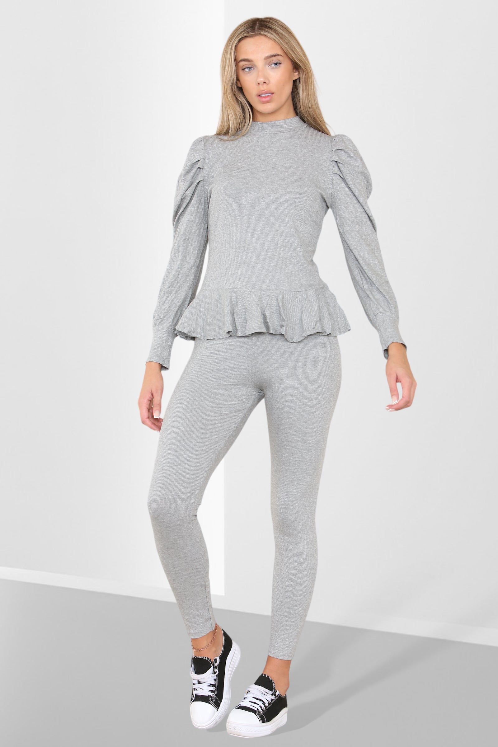 Puff Sleeves Set Frill Hem Peplum Ribbed Lounge Wear Suit Loungewear WearAll