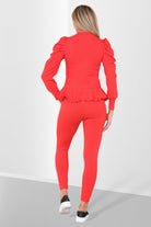 Puff Sleeves Set Frill Hem Peplum Ribbed Lounge Wear Suit Loungewear WearAll