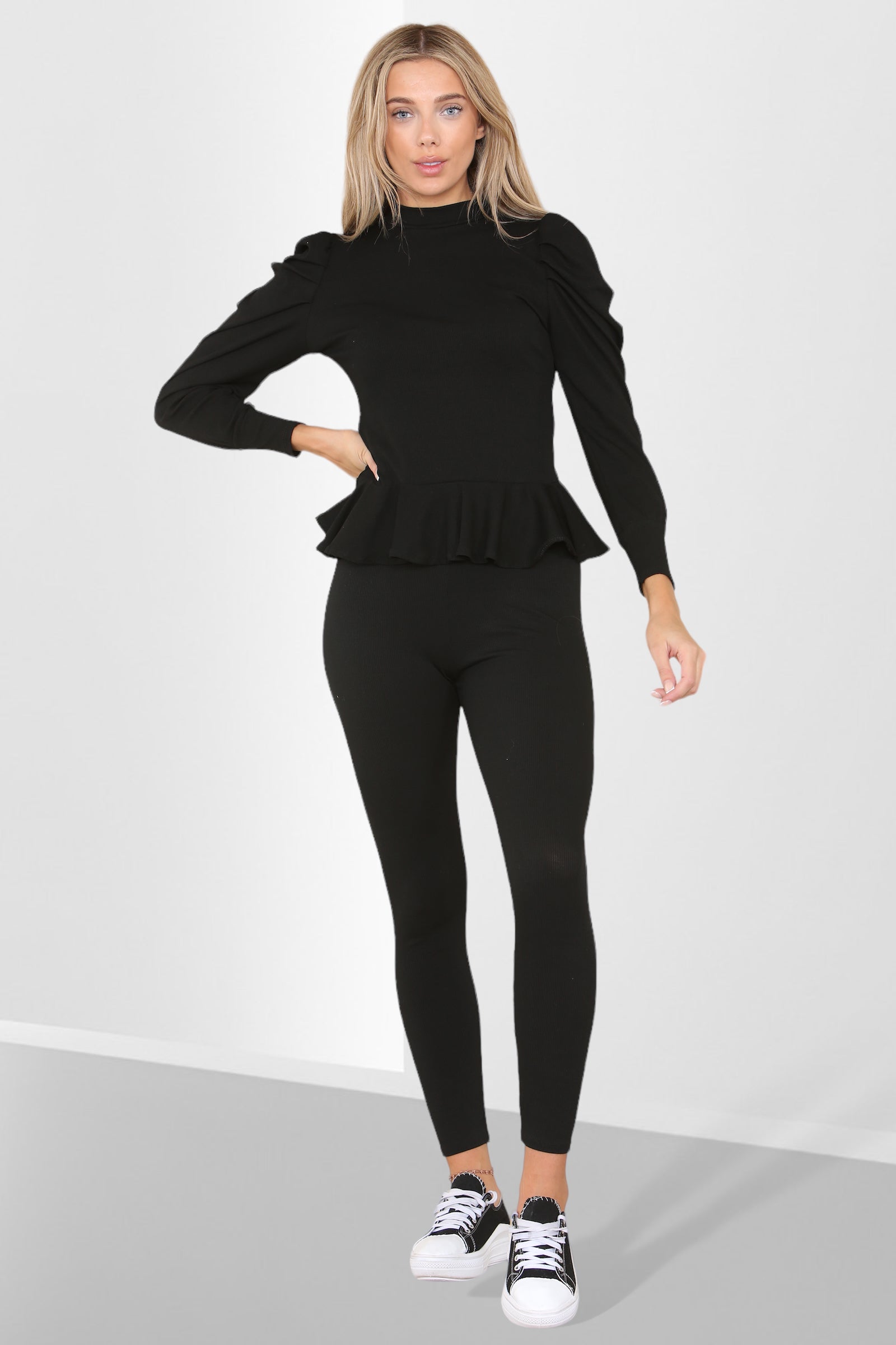 Puff Sleeves Set Frill Hem Peplum Ribbed Lounge Wear Suit Loungewear WearAll Black 6-8