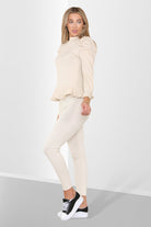 Puff Sleeves Set Frill Hem Peplum Ribbed Lounge Wear Suit Loungewear WearAll