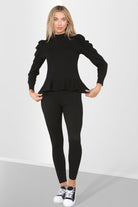 Puff Sleeves Set Frill Hem Peplum Ribbed Lounge Wear Suit Loungewear WearAll