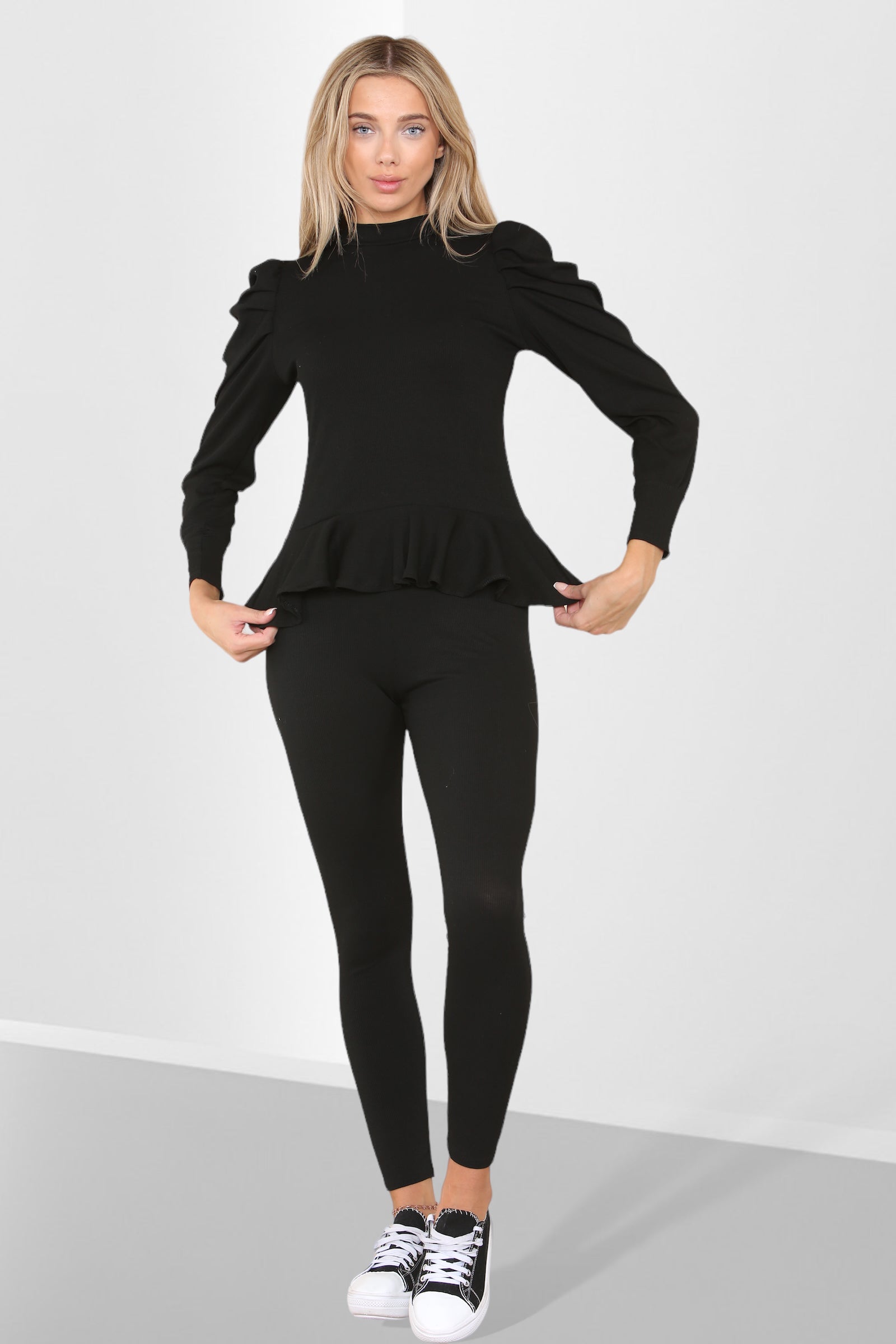 Puff Sleeves Set Frill Hem Peplum Ribbed Lounge Wear Suit Loungewear WearAll