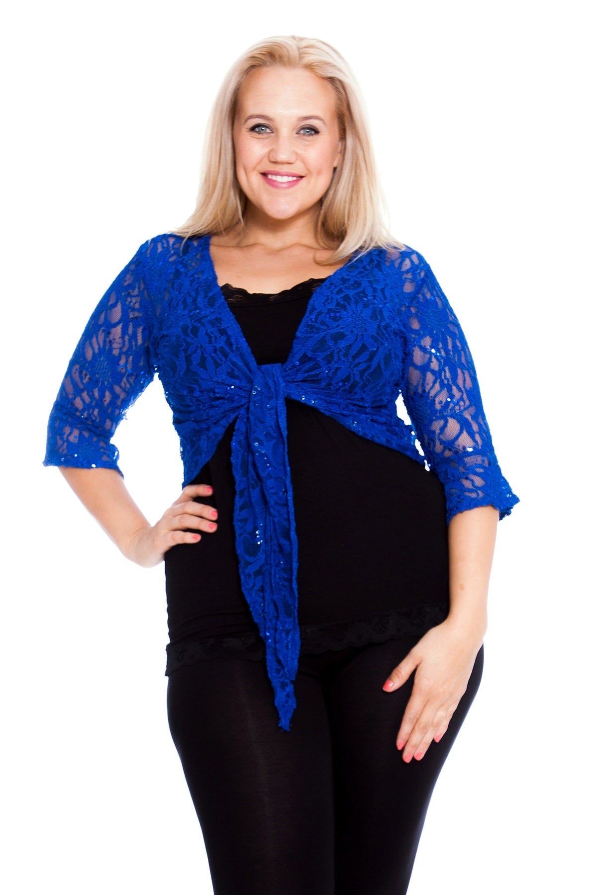 Plus SIze Sequin Lace Tie Up 3/4 Bell Crochet Top Tops WearAll