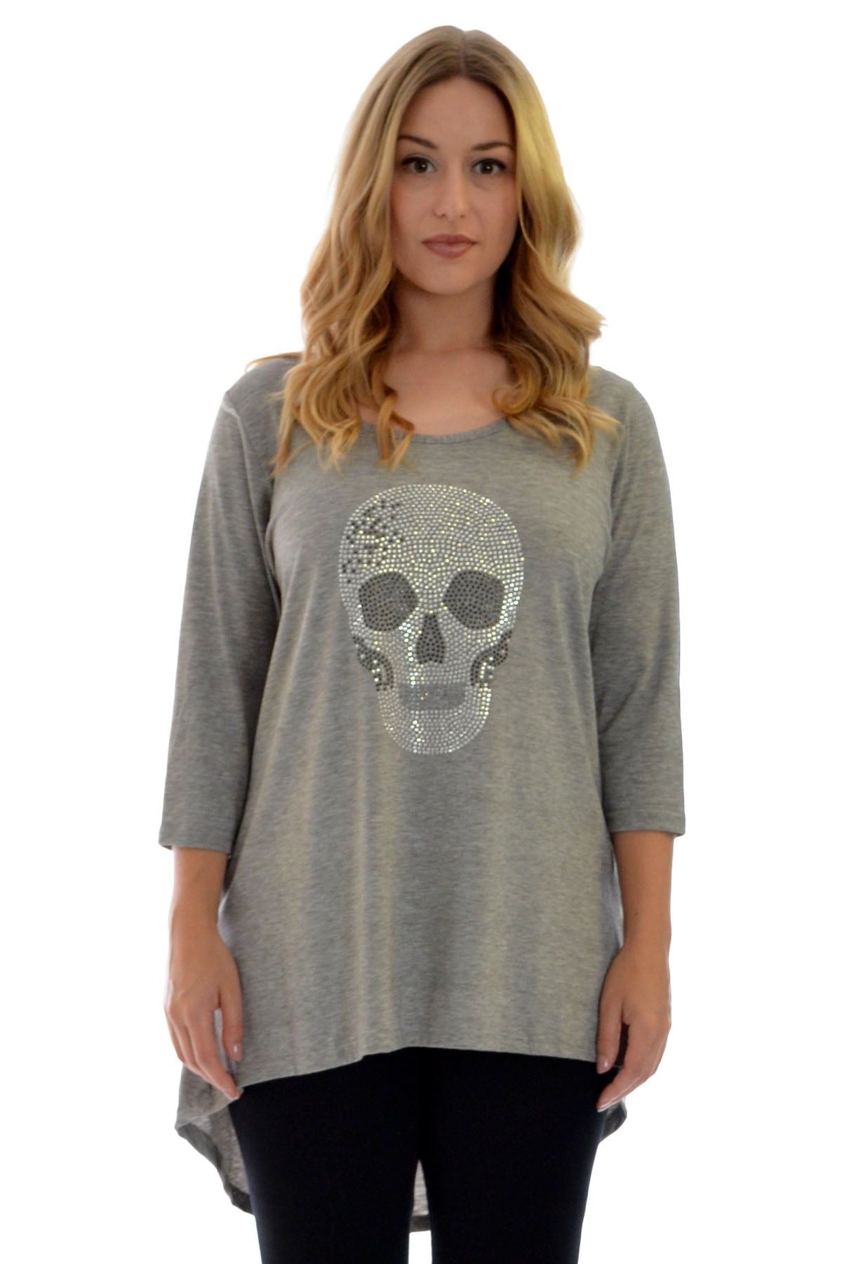 Skull Tail Back Dip Hem Scoop Top Tops WearAll