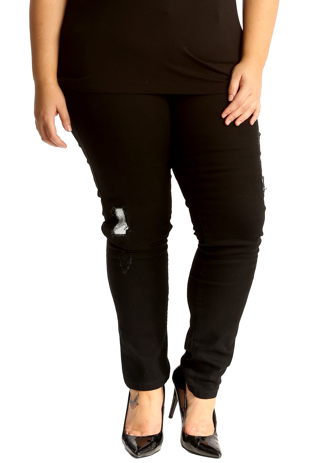 Silver Sequin Patched Ripped Jeans Jeans WearAll Black 14