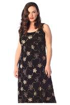 Plus Size Floral Lace Flared Sleeveless Belted Lined Dress - Gold Dress WearAll Gold 14