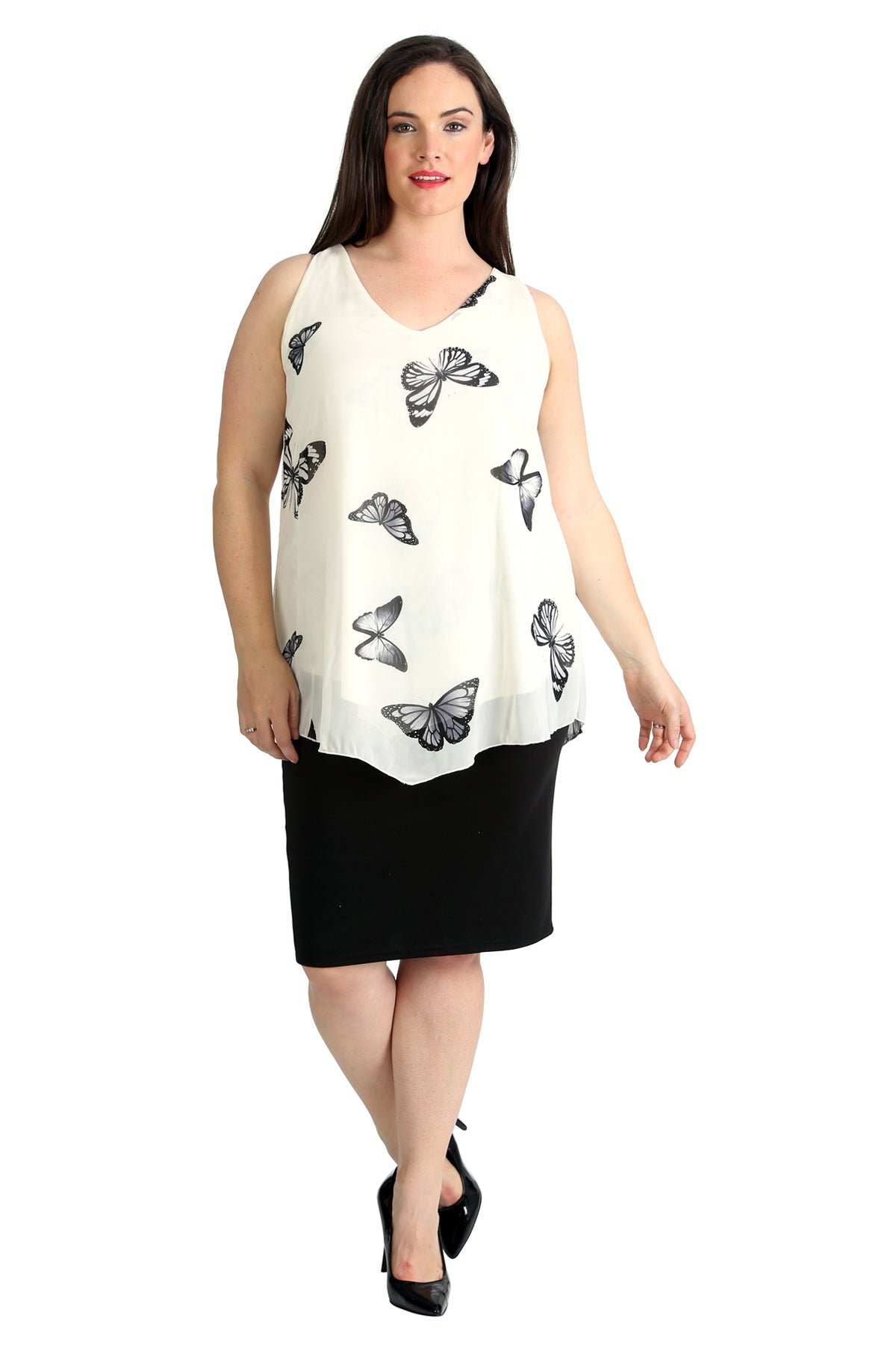 Chiffon Butterfly Print Lined Vest Top Tops WearAll