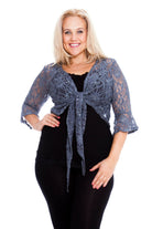 Sequin Lace Tie Up 3/4 Bell Sleeve Crochet Top Tops WearAll Grey 12-14