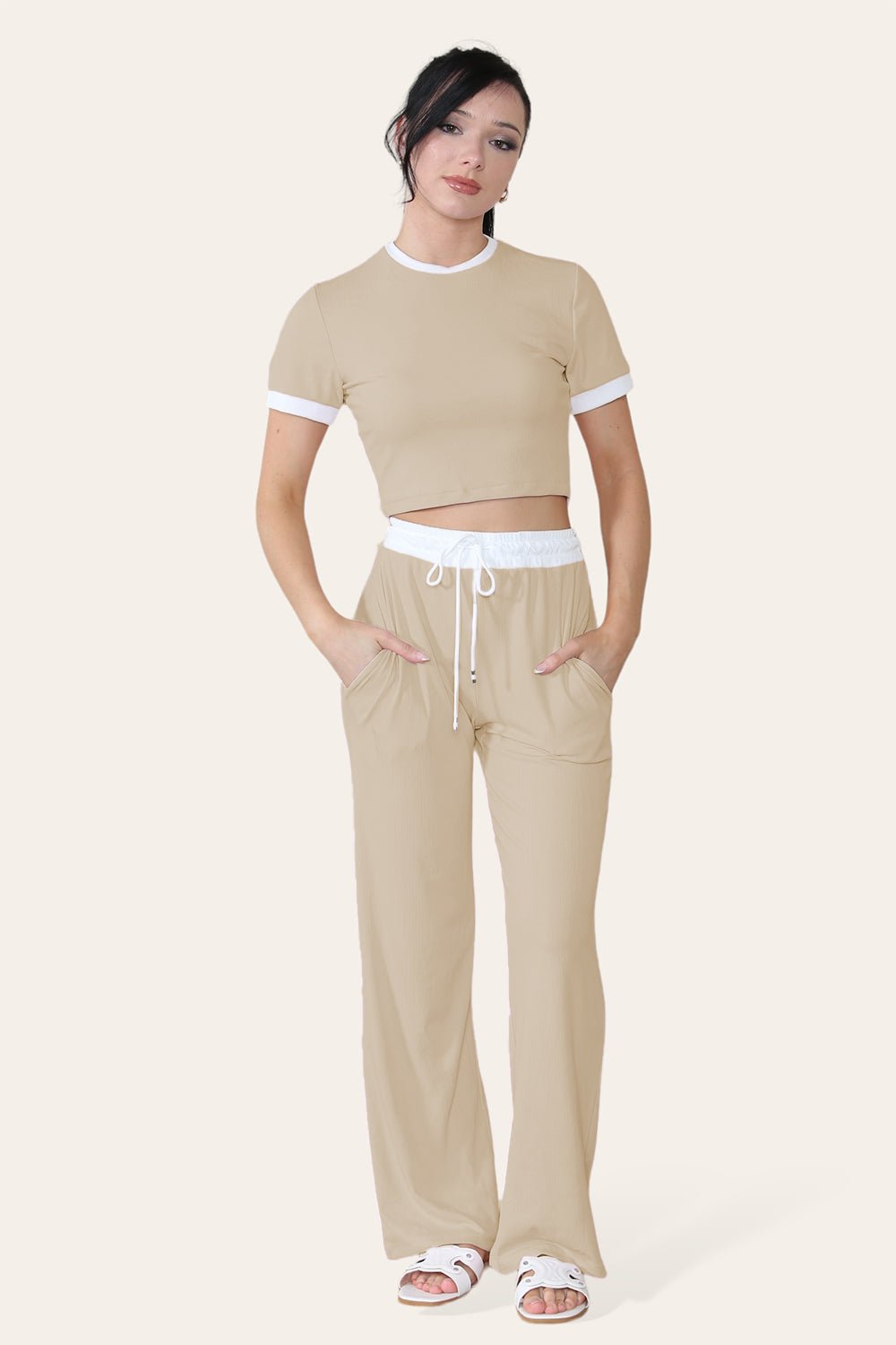 Ribbed Contrast Wide Leg Flared Trousers And Top Loungewear TRS Cropped Set Loungewear WearAll Beige One Size (8-14)
