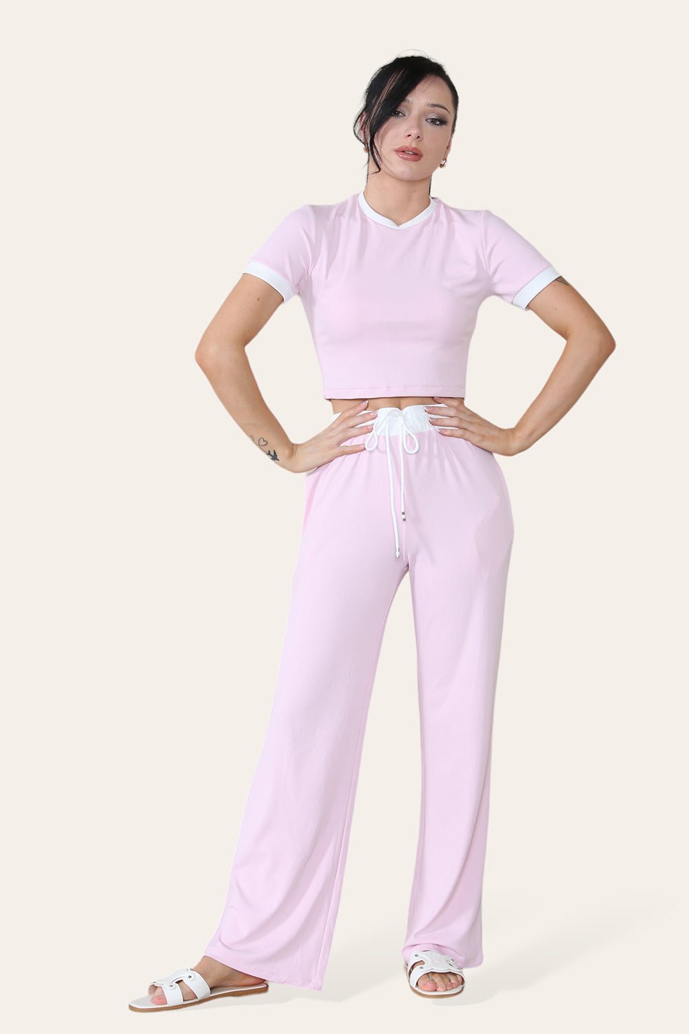 Ribbed Contrast Wide Leg Flared Trousers And Top Loungewear TRS Cropped Set Loungewear WearAll