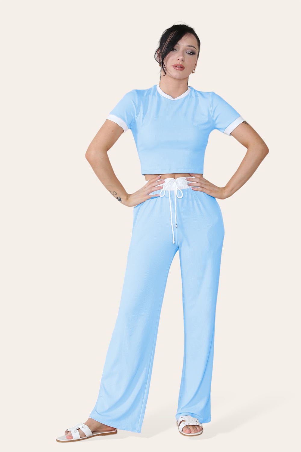 Ribbed Contrast Wide Leg Flared Trousers And Top Loungewear TRS Cropped Set Loungewear WearAll Sky Blue One Size (8-14)