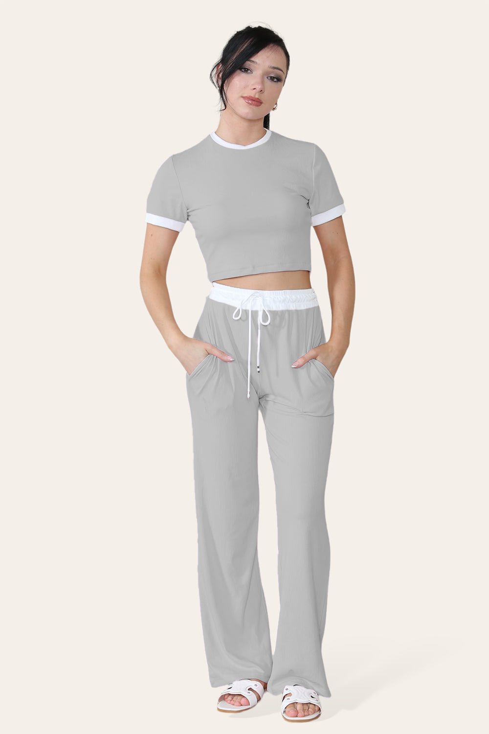 Ribbed Contrast Wide Leg Flared Trousers And Top Loungewear TRS Cropped Set Loungewear WearAll Grey One Size (8-14)