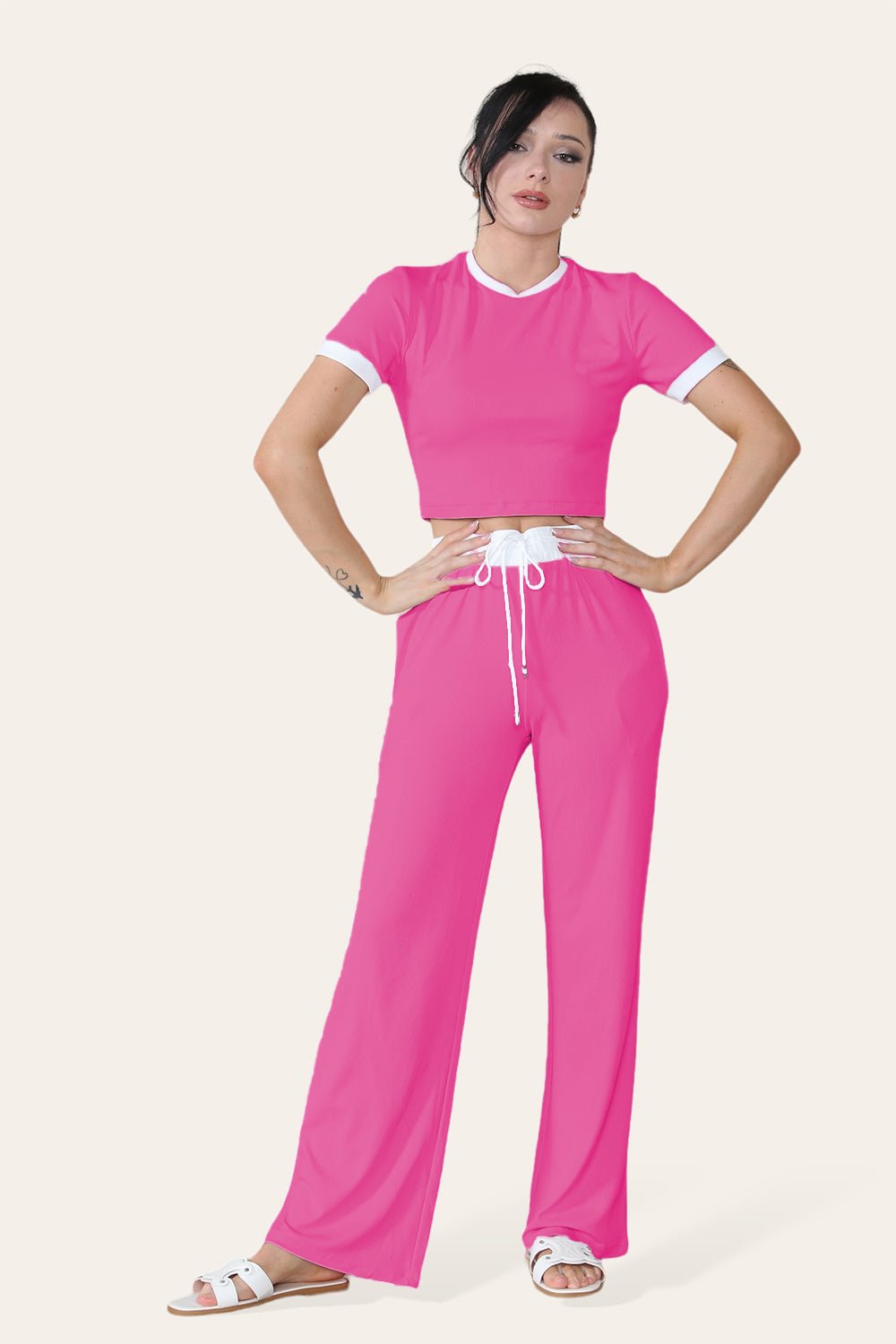 Ribbed Contrast Wide Leg Flared Trousers And Top Loungewear TRS Cropped Set Loungewear WearAll Fuchsia One Size (8-14)
