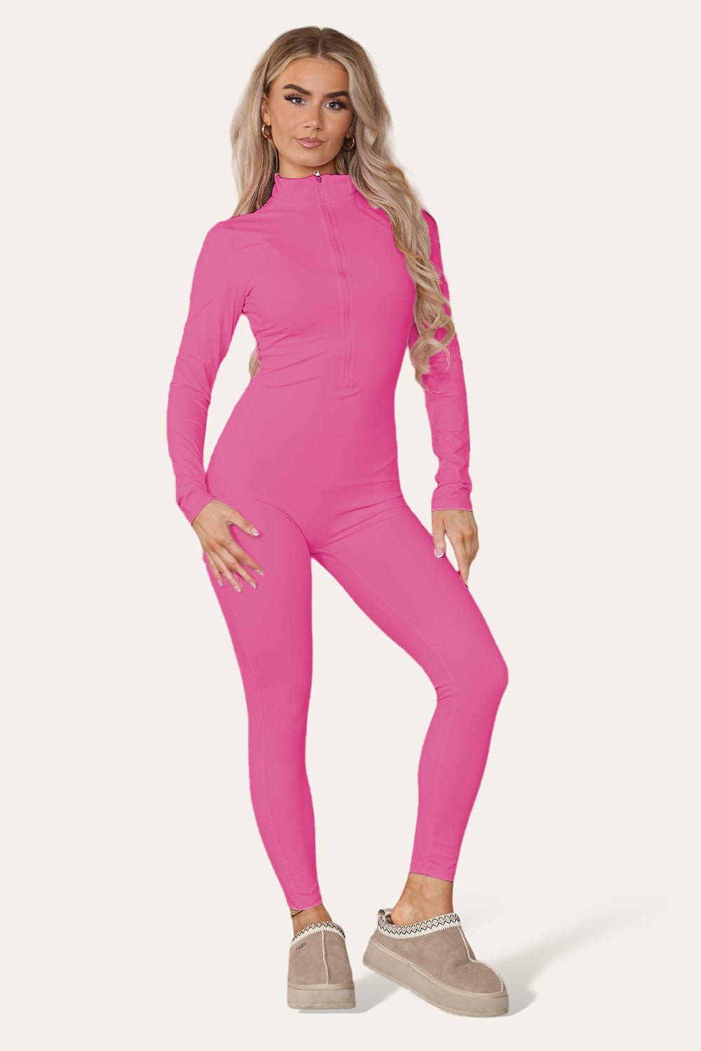 Ribbed High Neck Zipper Collar Jumpsuit Front Unitard Set Playsuits & Jumpsuits WearAll Hot Pink S/M