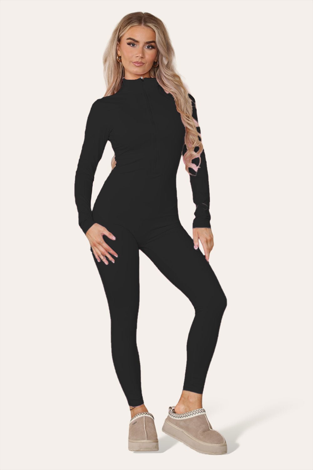 Ribbed High Neck Zipper Collar Jumpsuit Front Unitard Set Playsuits & Jumpsuits WearAll Black S/M