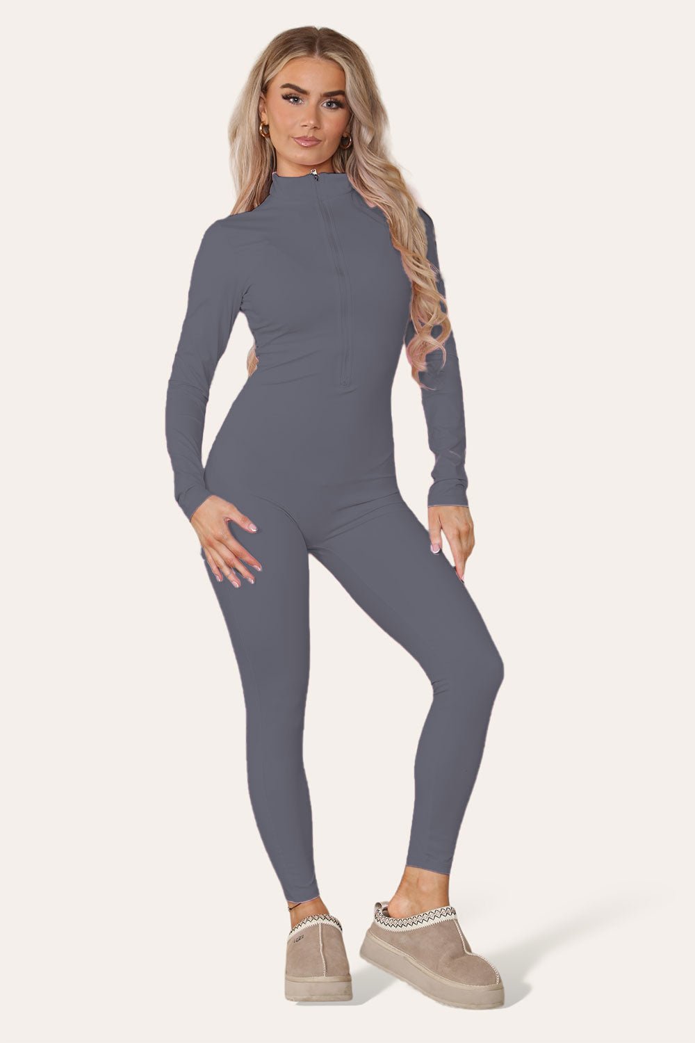 Ribbed High Neck Zipper Collar Jumpsuit Front Unitard Set Playsuits & Jumpsuits WearAll Charcoal S/M