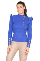 Ribbed Knit Gold Button Detail Jumper with Frill Playsuits & Jumpsuits WearAll Royal Blue S/M