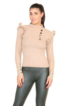 Ribbed Knit Gold Button Detail Jumper with Frill Playsuits & Jumpsuits WearAll Beige S/M