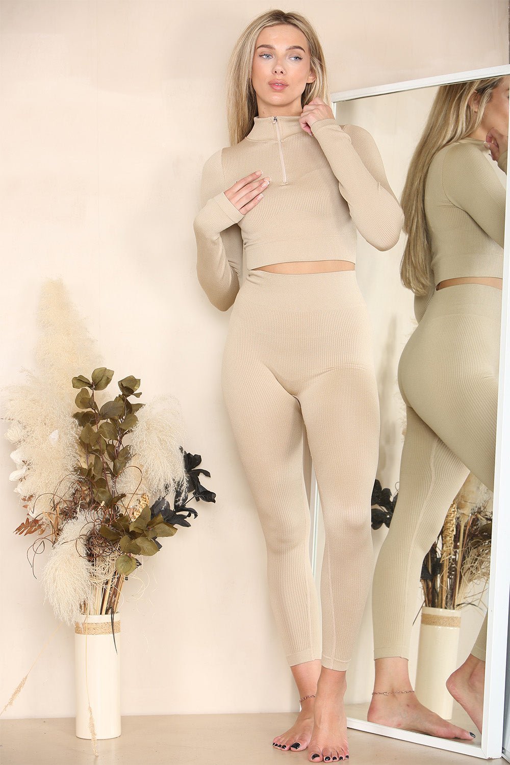 Ribbed Tracksuit Two Piece Set With Half Zip Detail Gym Loungewear Loungewear WearAll Beige S/M
