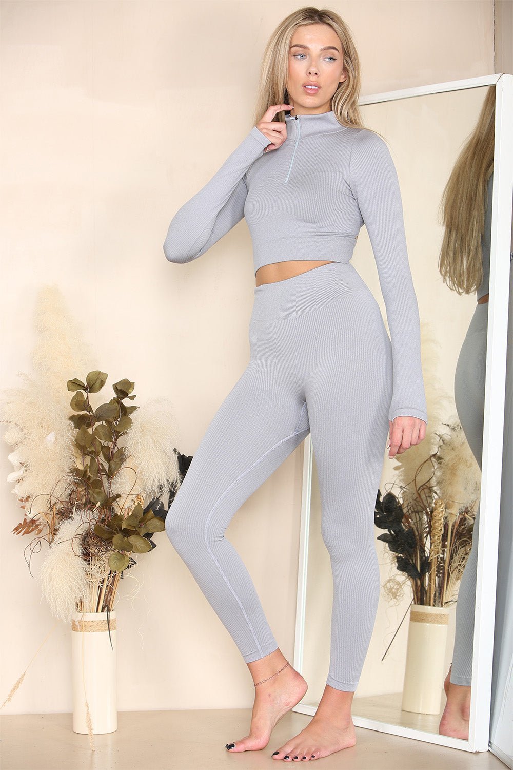 Ribbed Tracksuit Two Piece Set With Half Zip Detail Gym Loungewear Loungewear WearAll