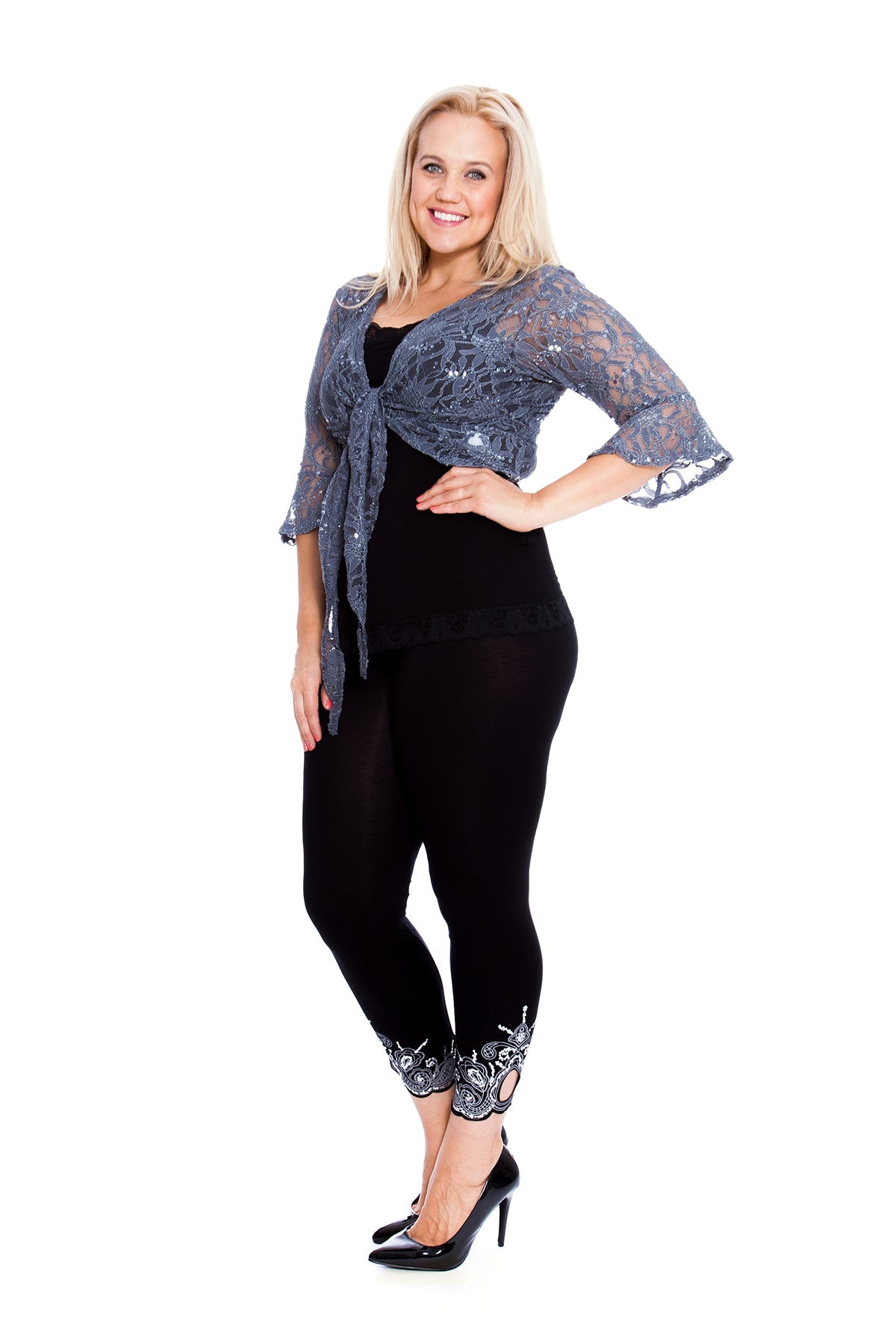 Plus SIze Sequin Lace Tie Up 3/4 Bell Crochet Top Tops WearAll