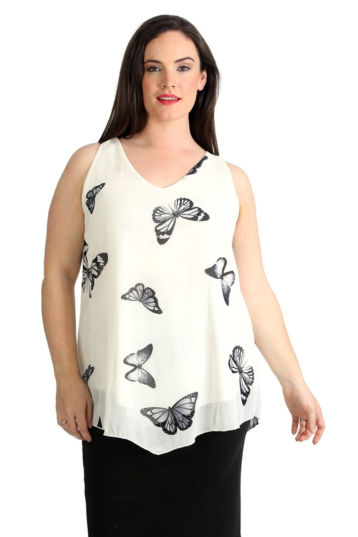 Chiffon Butterfly Print Lined Vest Top Tops WearAll