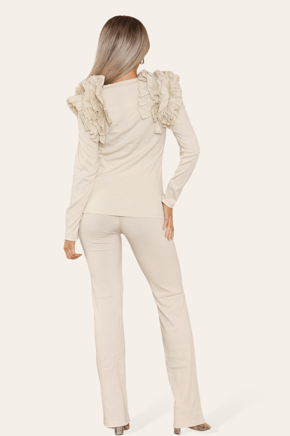 Ruffle Frill Shoulder Ribbed Loungewear CoOrd Top & Trouser Set Loungewear WearAll