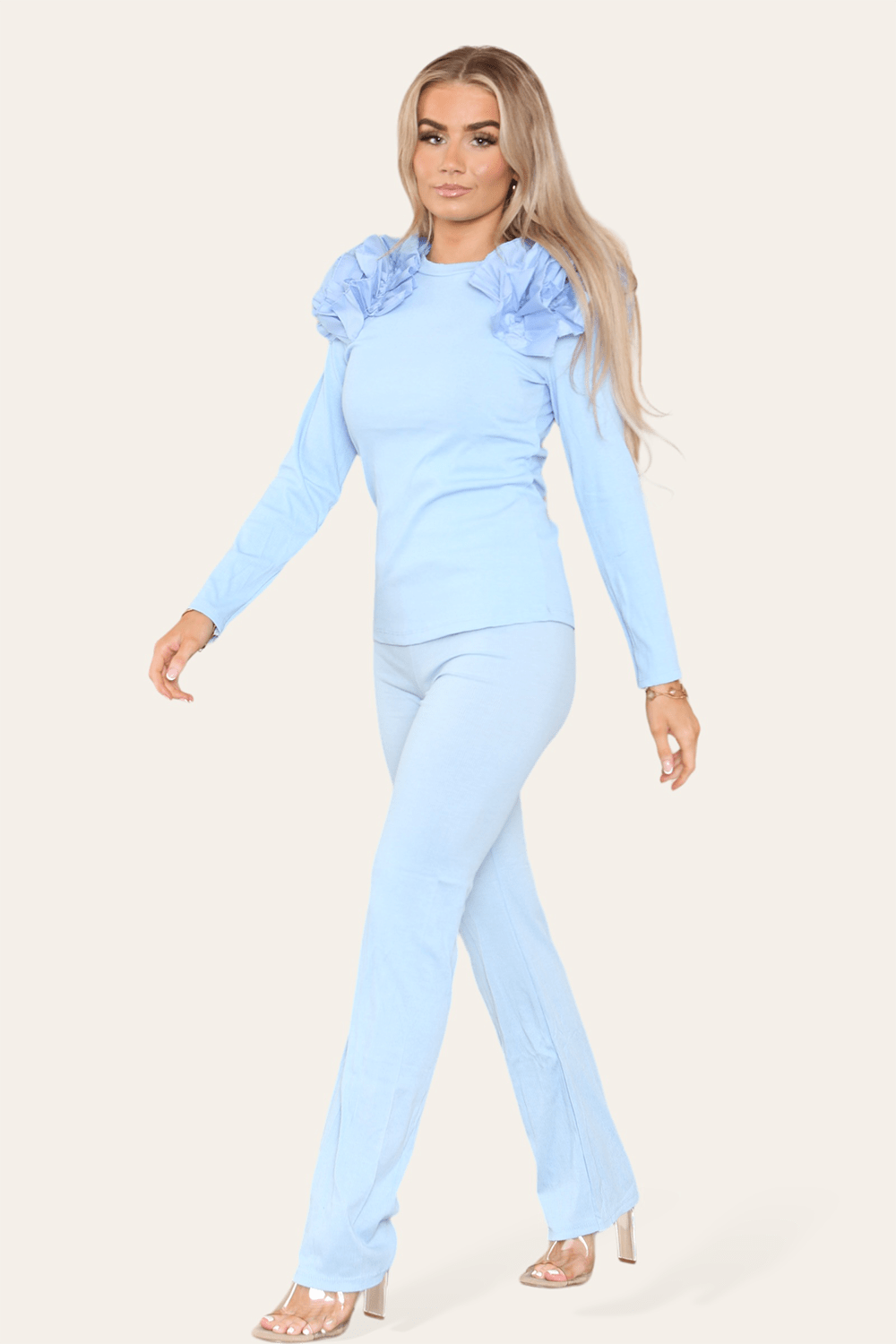 Ruffle Frill Shoulder Ribbed Loungewear CoOrd Top & Trouser Set Loungewear WearAll