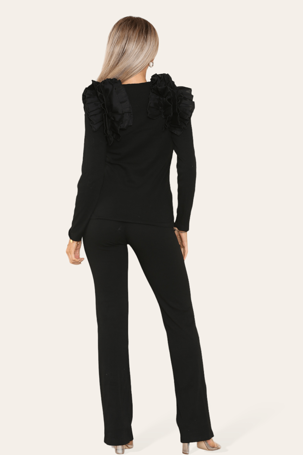 Ruffle Frill Shoulder Ribbed Loungewear CoOrd Top & Trouser Set Loungewear WearAll