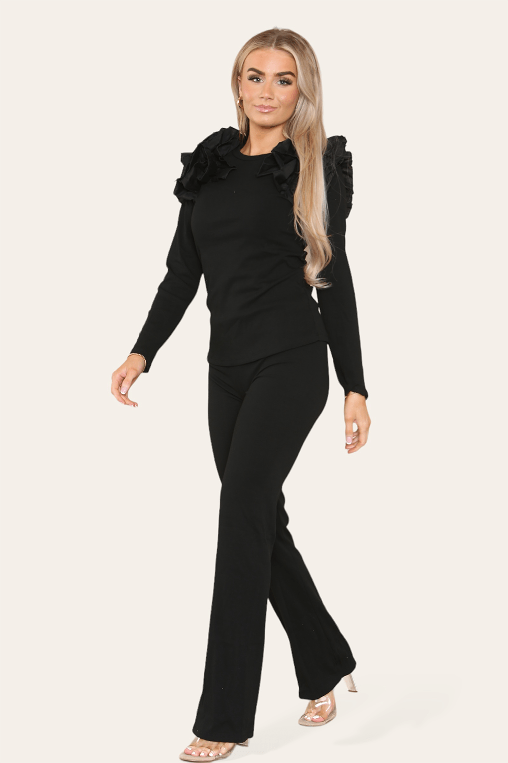 Ruffle Frill Shoulder Ribbed Loungewear CoOrd Top & Trouser Set Loungewear WearAll