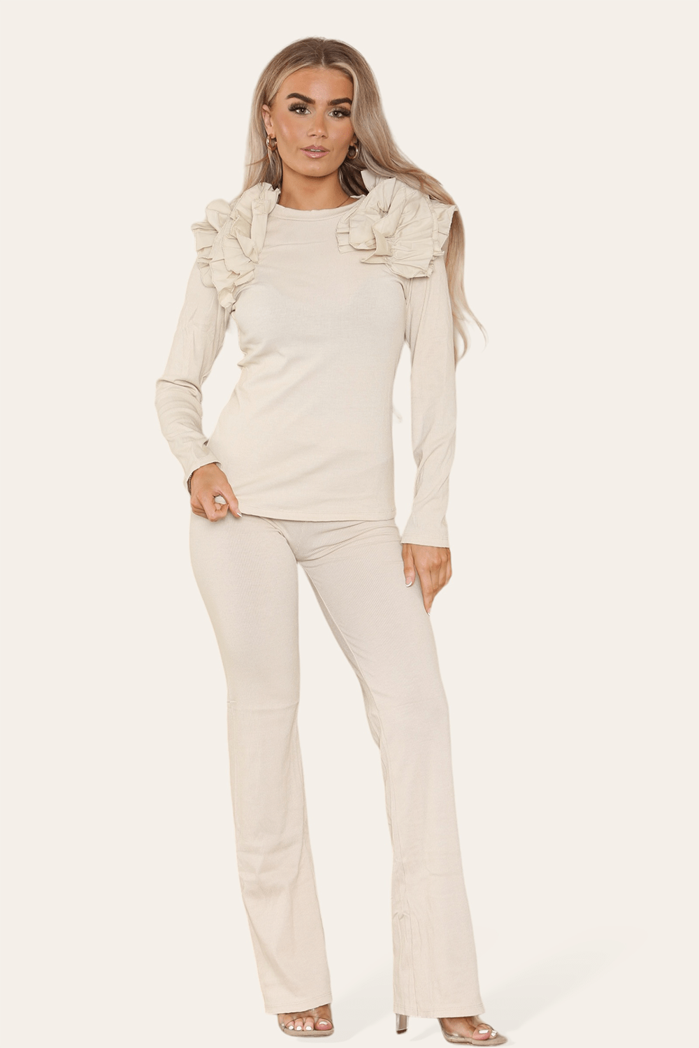 Ruffle Frill Shoulder Ribbed Loungewear CoOrd Top & Trouser Set Loungewear WearAll