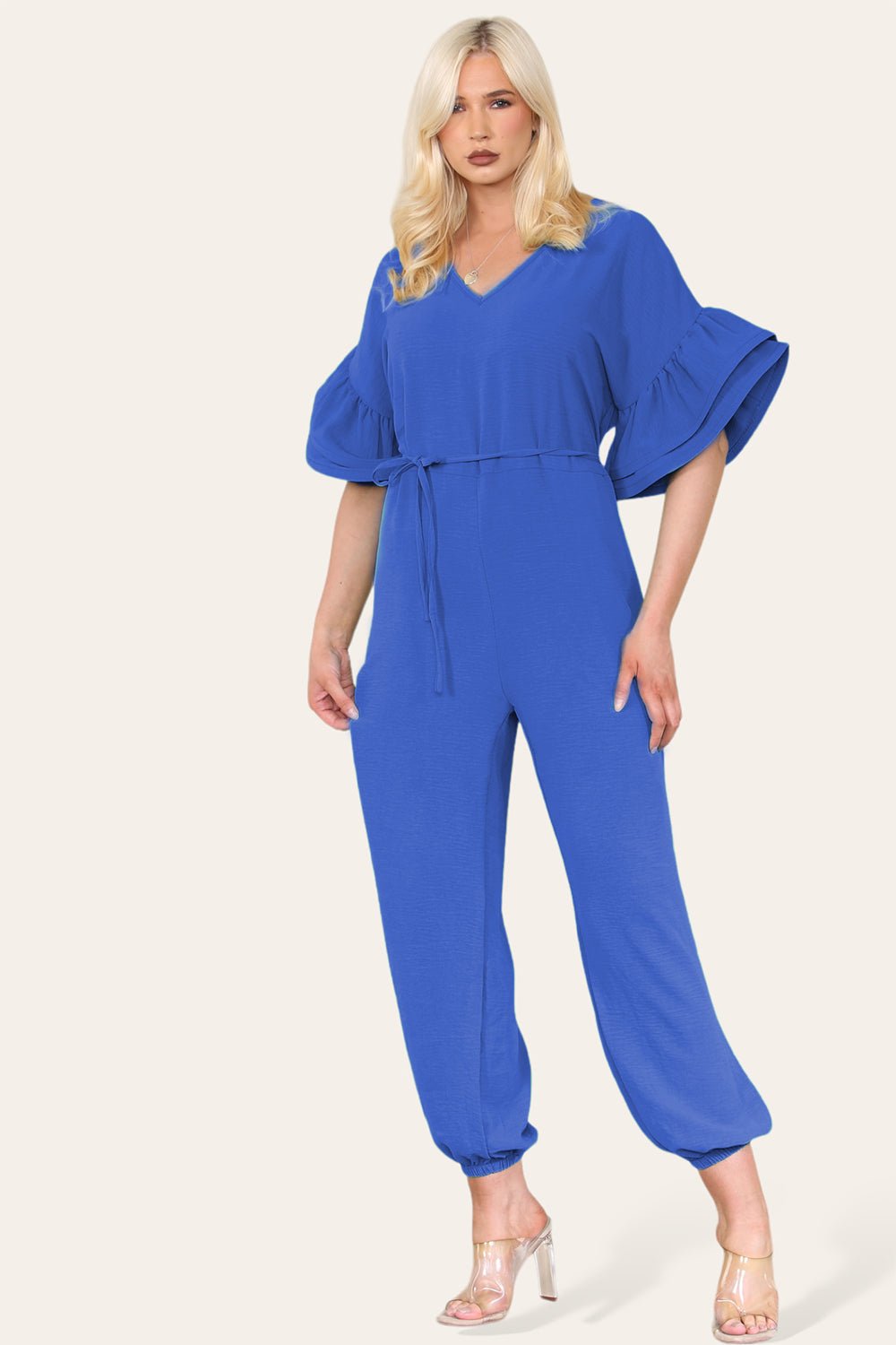 Ruffle Sleeves Frill Tie Jumpsuit Playsuits & Jumpsuits WearAll Royal Blue OneSize UK Fit (Up to 16)