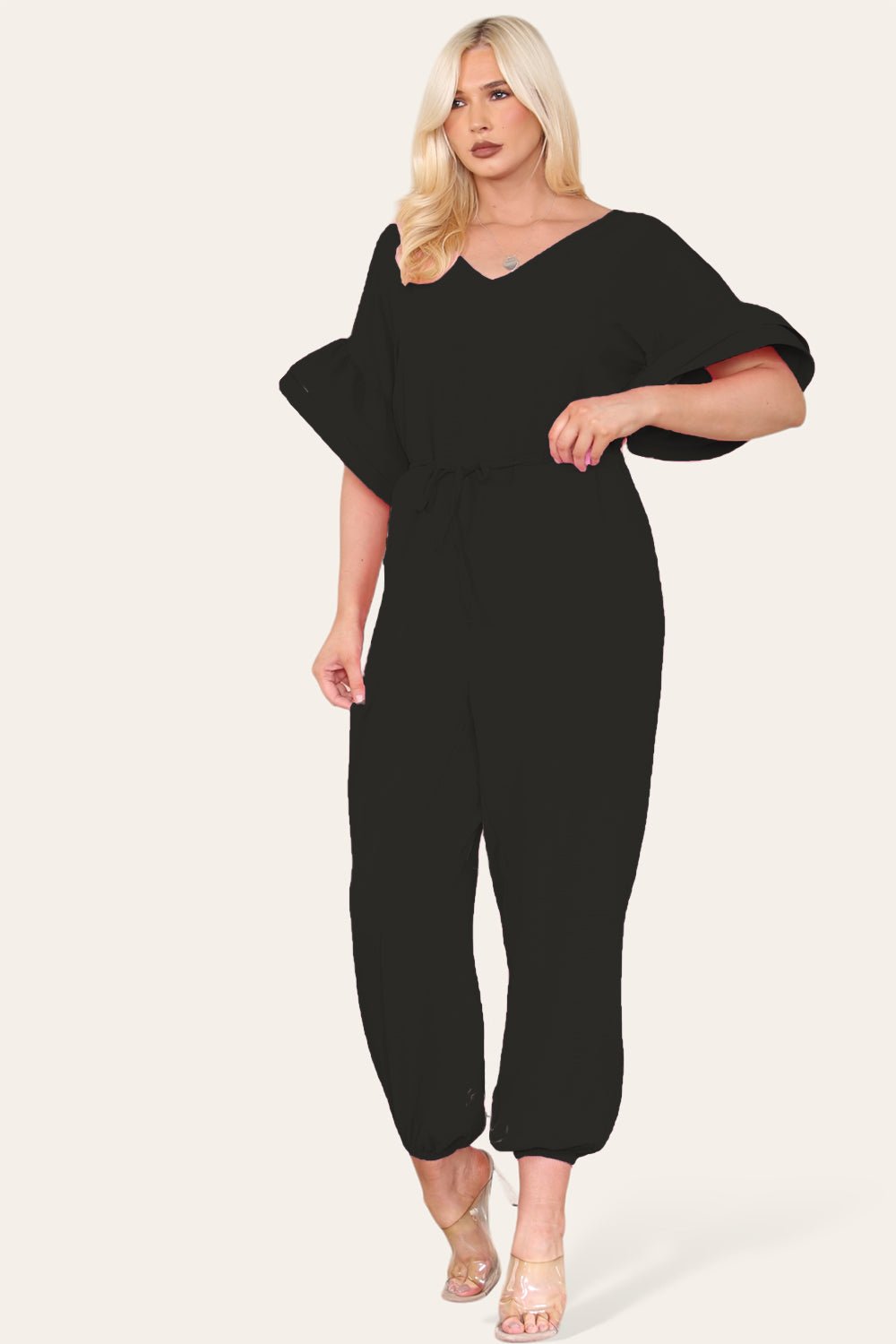 Ruffle Sleeves Frill Tie Jumpsuit Playsuits & Jumpsuits WearAll Black OneSize UK Fit (Up to 16)