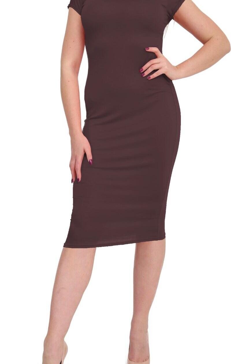 Plus Size Plain Cap Sleeve Stretch Jersey Midi Dress Dress WearAll Brown 16-18