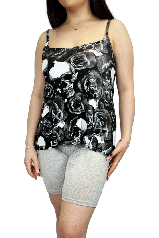 Plus Size Skull Rose Print Plain Cami Vest Top Tops WearAll Skull Rose 16-18