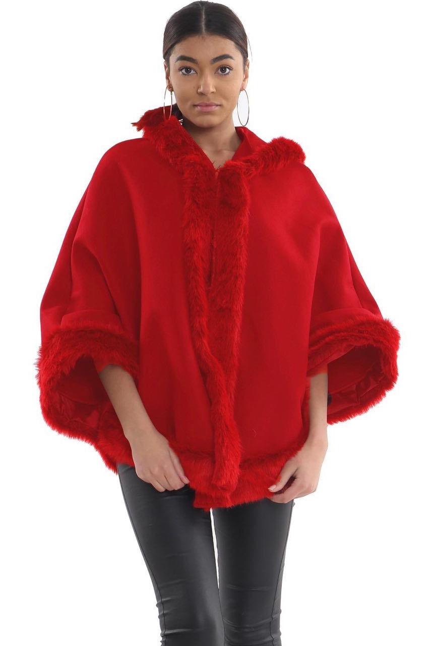 Faux Fur Trim Hood Cape Tops WearAll Red One Size