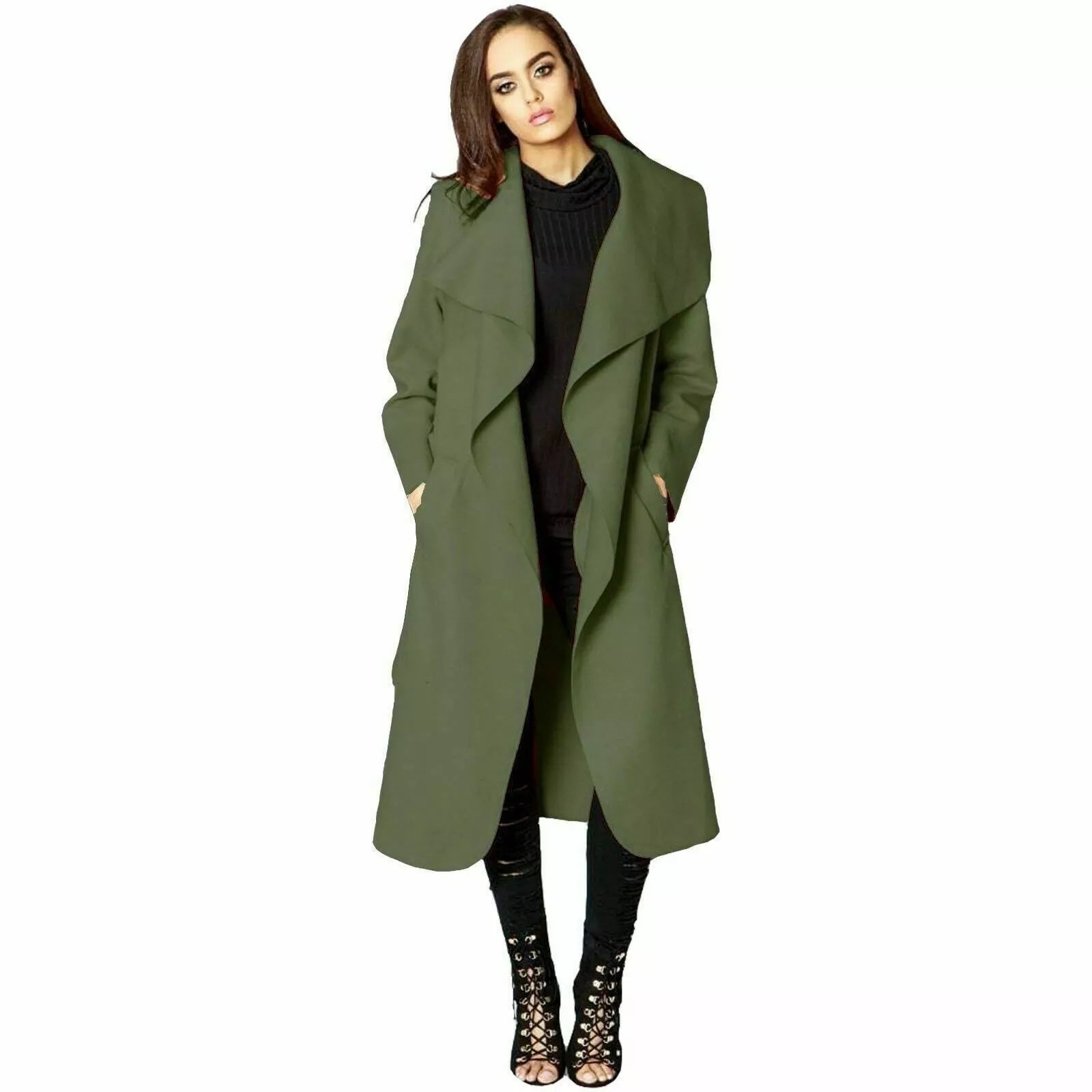 Plus Size Long Belt Pocket Open Coat cardigan WearAll Green 16-22