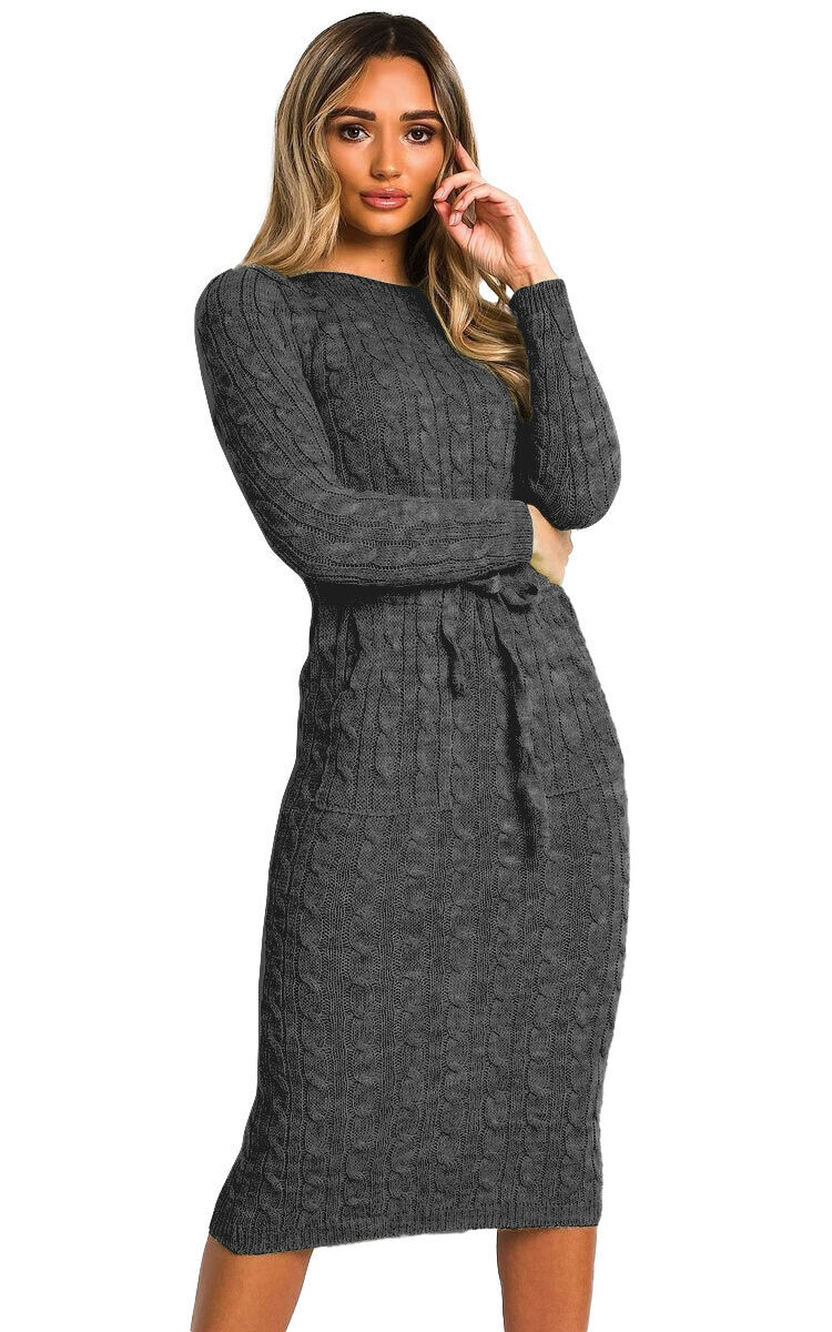 CABLE KNIT DRAWSTRING WAIST DRESS Dress WearAll Charcoal 8
