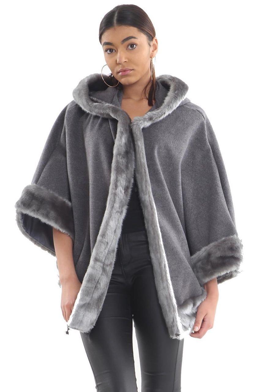 Faux Fur Trim Hood Cape Tops WearAll Dark Grey One Size