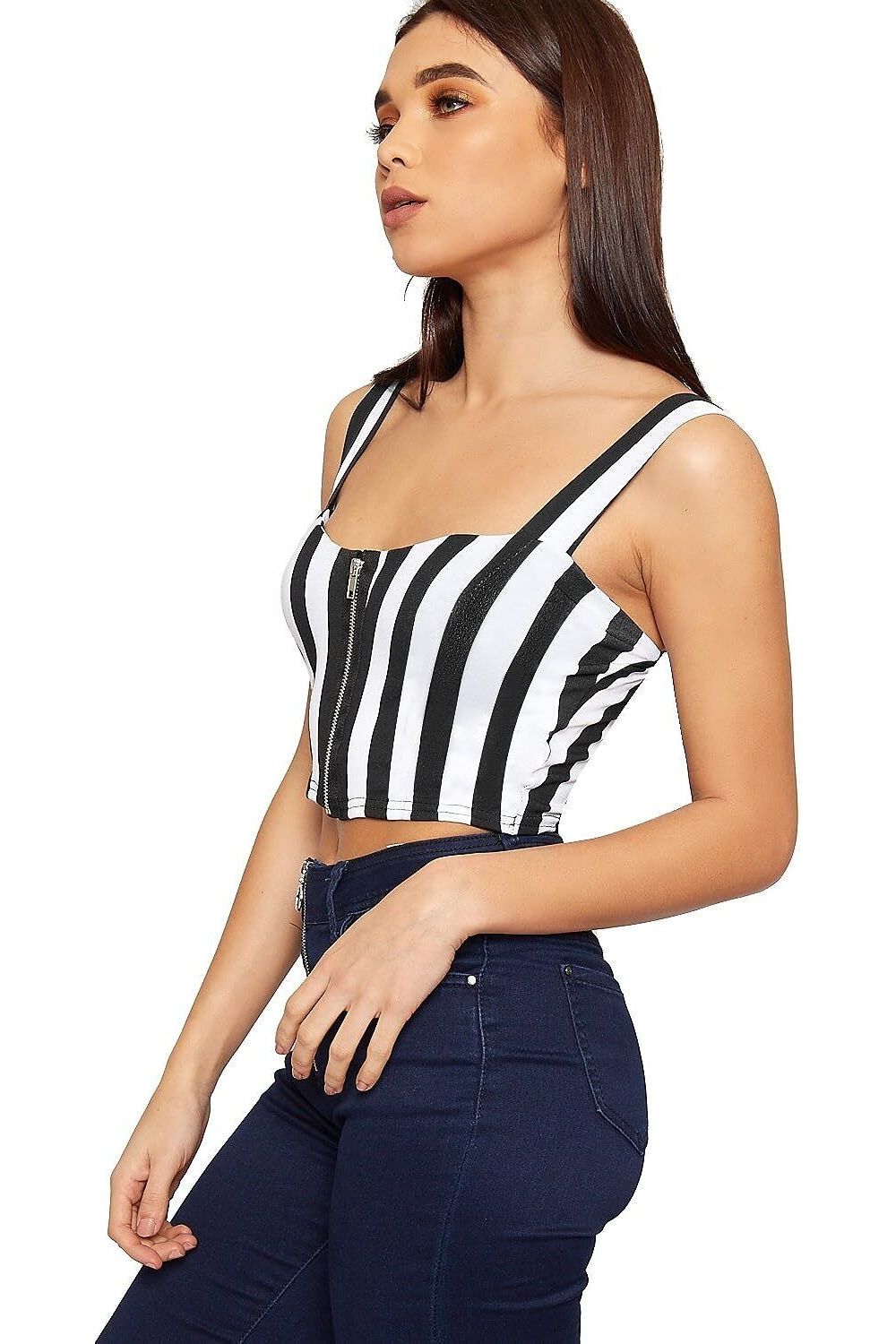 Black White Print Striped Zip Bralet Crop Strap Top BraTop WearAll