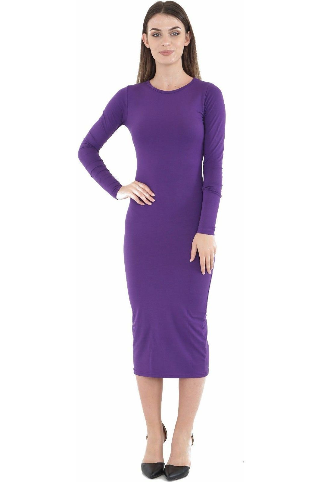 Bodycon Stretch Plain Midi Dress Dress WearAll Purple 12-14
