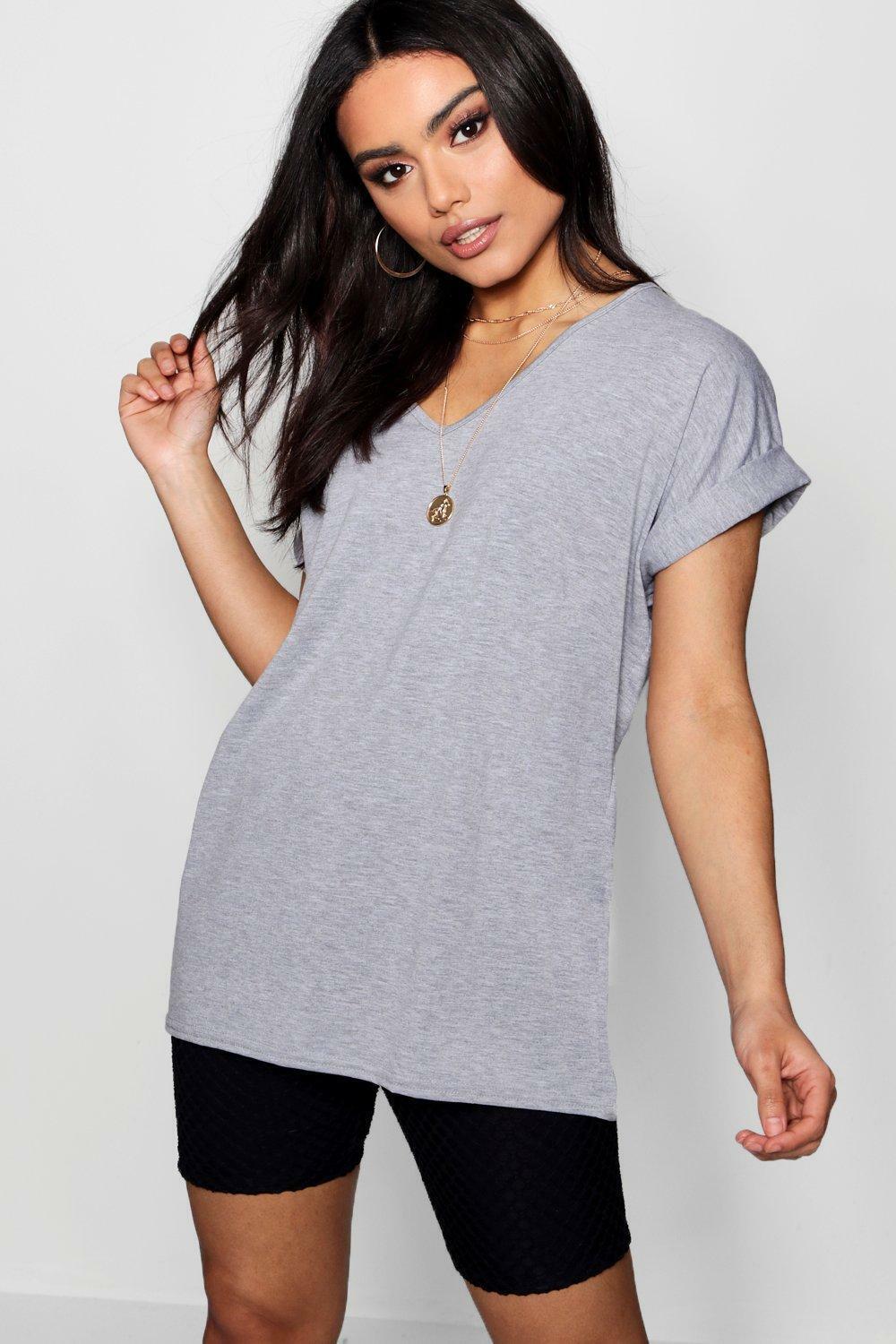 Plus Size Short Turn Up Sleeve Baggy Top Tops WearAll Light Grey 16-18