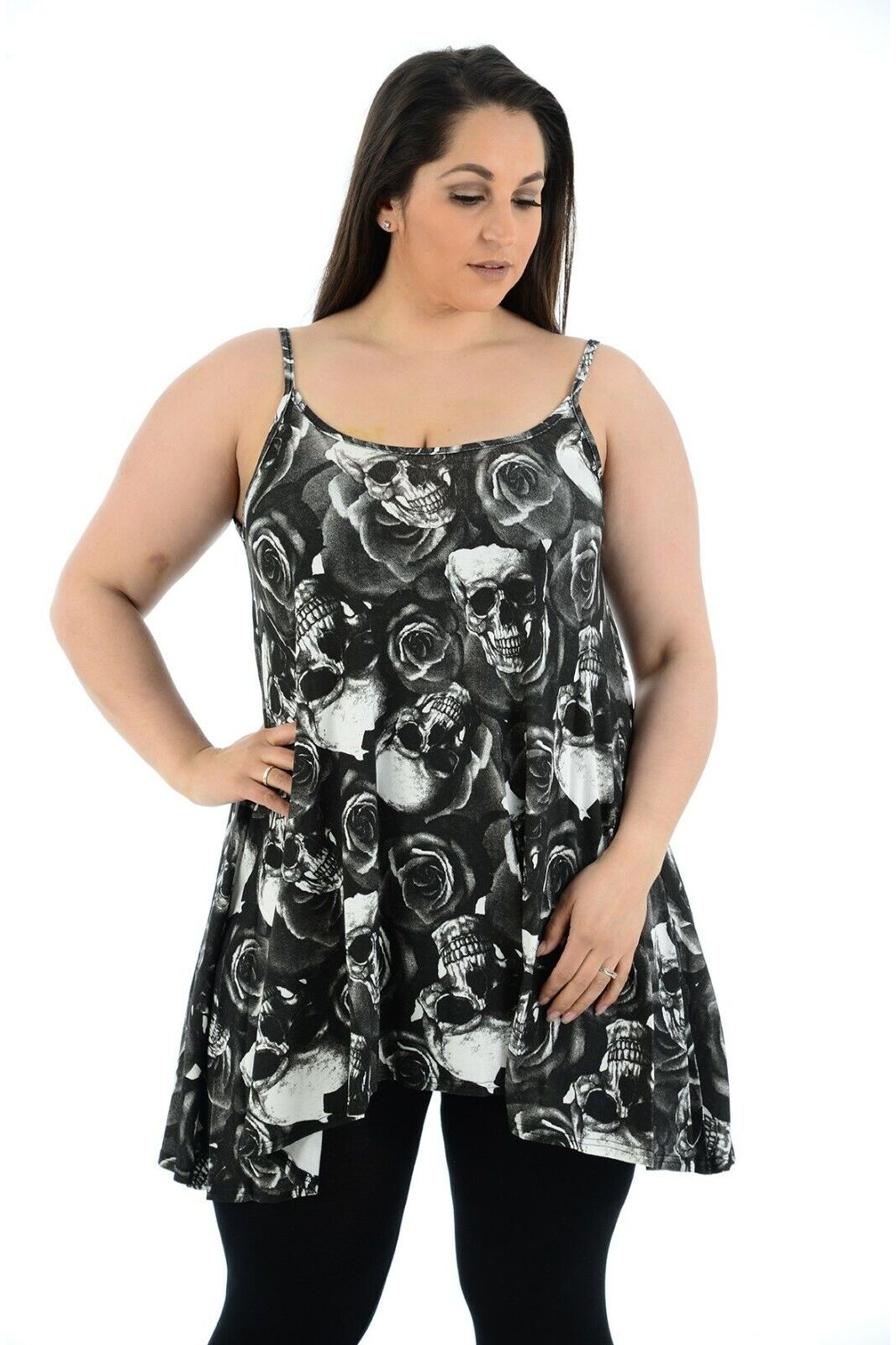 Plus Size Skull Roses Print Strappy Mini Dress Vest Top Dress WearAll