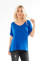 Plus Size Short Turn Up Sleeve Baggy Top Tops WearAll Royal Blue 16-18