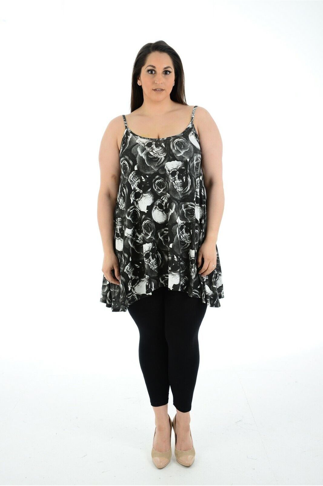 Plus Size Skull Roses Print Strappy Mini Dress Vest Top Dress WearAll Black White 16-18