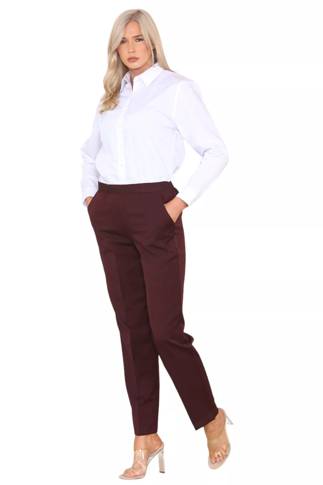 Half Elasticated Pocket Trouser - Wine Color Trousers WearAll Wine 8 25
