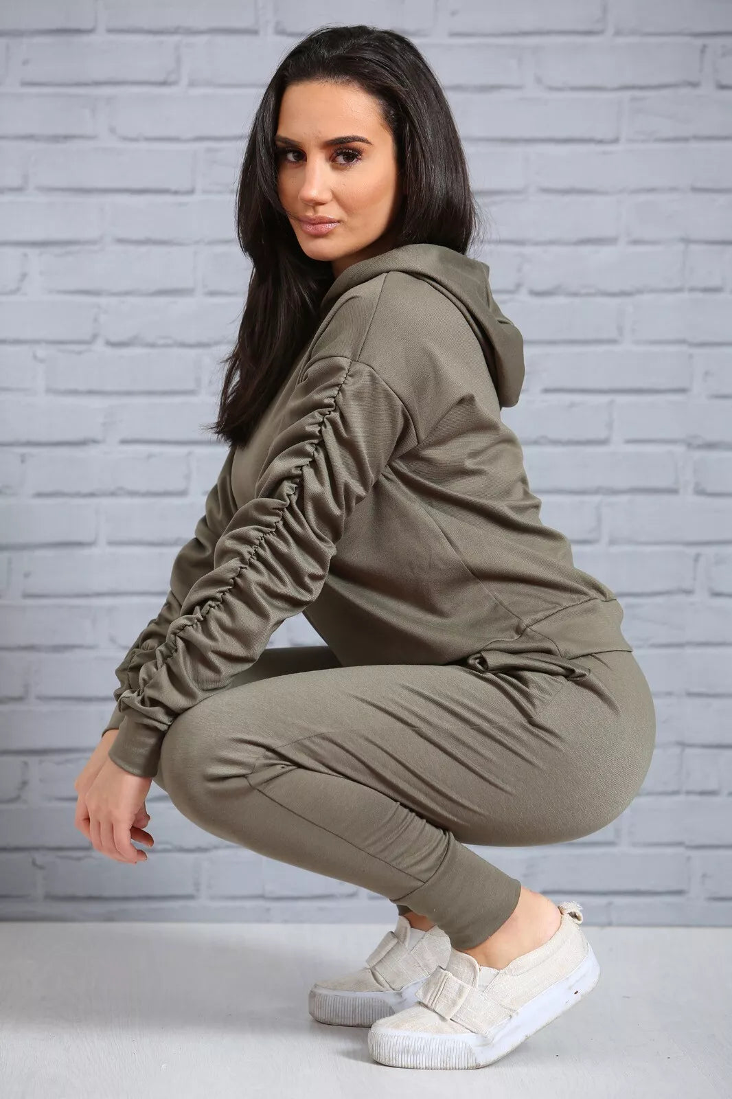 Ruched Sleeve Lounge Set Loungewear WearAll Khaki 16-18