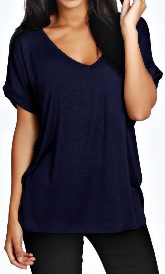 Plus Size Short Turn Up Sleeve Baggy Top Tops WearAll Navy Blue 16-18