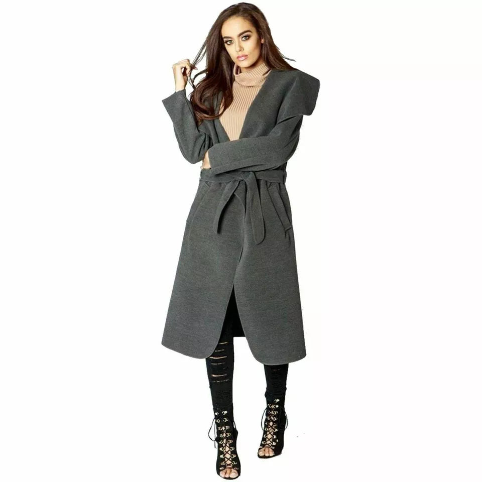 Plus Size Long Belt Pocket Open Coat cardigan WearAll Dark Grey 16-22